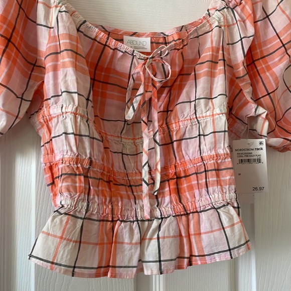 Abound coral plaid blouse puff sleeve country cowgirl western - Picture 3 of 7